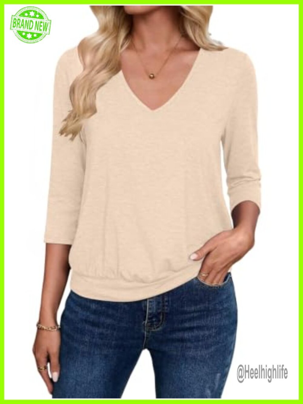 Womens V Neck 3/4 Sleeve Banded Bottom Blouse Tunic Casual Top